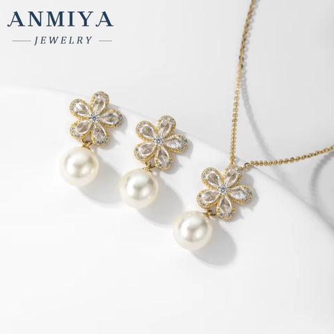 New Fashion Jewelry-Set Fresh Water Pearl Flower 925 Silver Necklace Earrings Bridal Jewelry Wedding Flower Earrings Jewelry Set