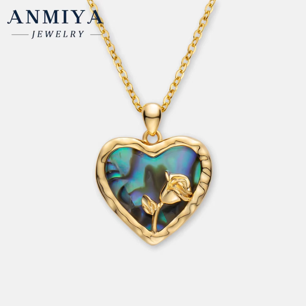 ANMIYA Unisex 18K Gold Plated 925 Silver Rose Fashion Necklace with Zircon Natural Shell Heart Cute Style for Weddings Parties