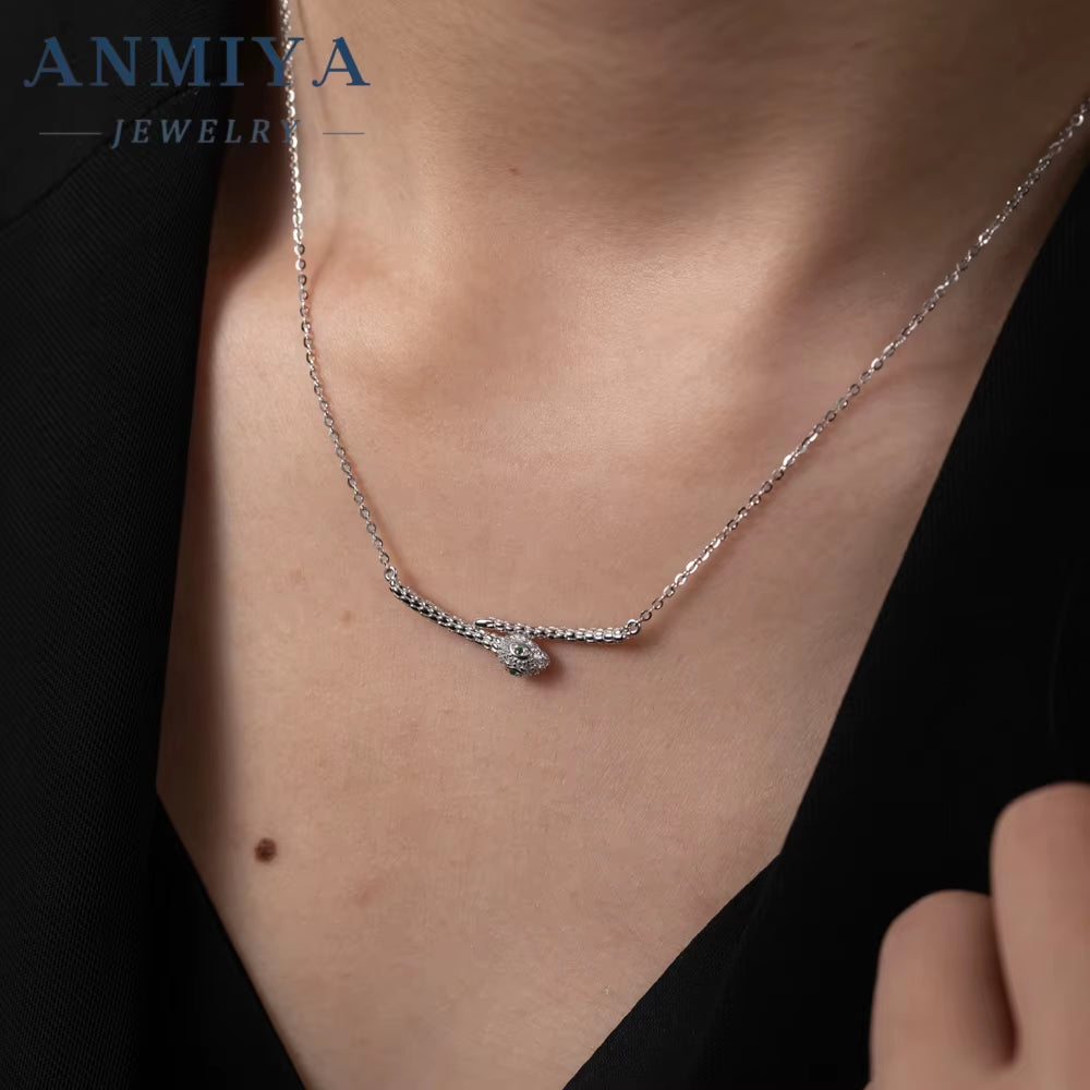 ANMIYA High Quality Best Gift One-Line Shape Zircon Snake 925 Sterling Silver Fashion Jewelry Necklace for Women Men
