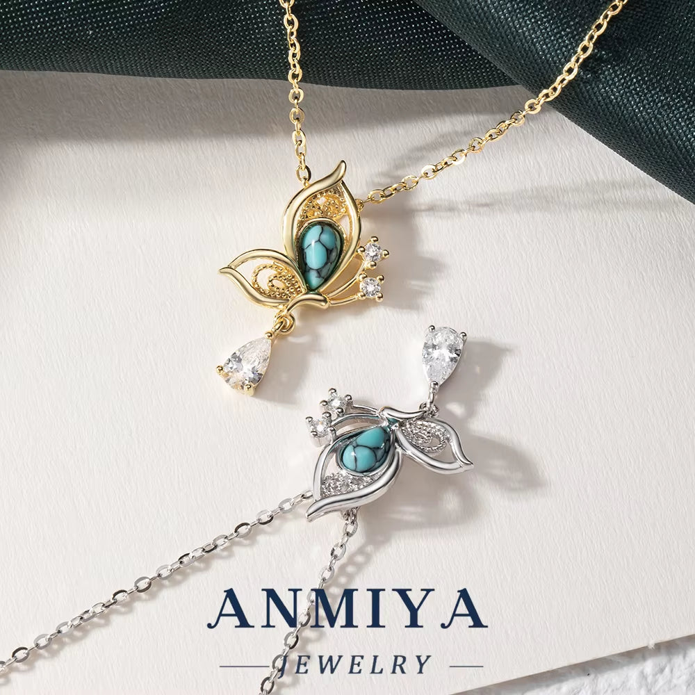 ANMIYA Women'S 925 Sterling Silver Butterfly Necklace Turquoise Stone and Zirconia with Cute Link Chain for Gift
