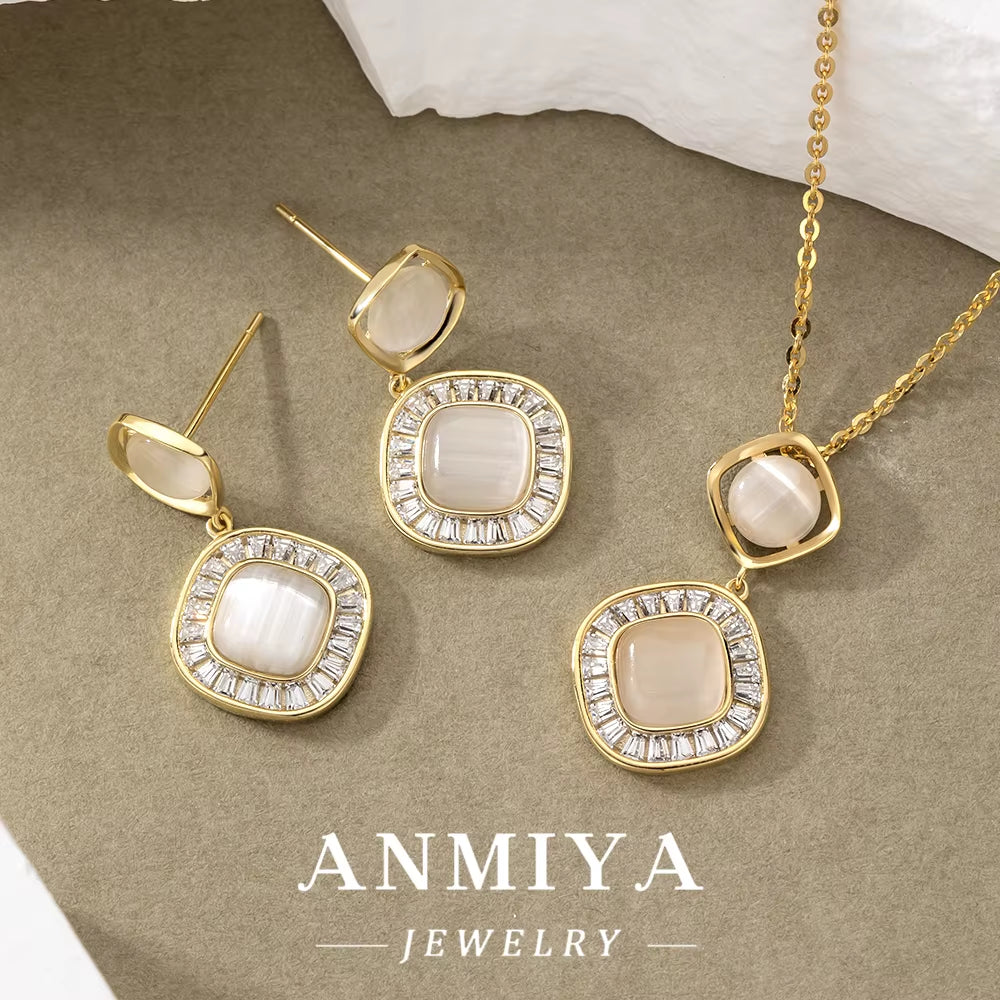 ANMIYA Glaring Gorgeous Anniversary Gift Geometric Diamond Necklace 18K 925 Silver Earrings Necklace Jewlery Set