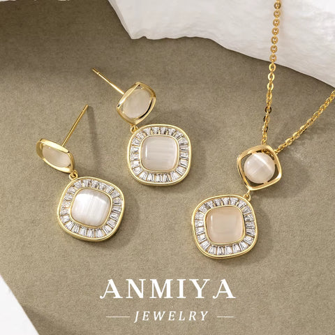 ANMIYA Glaring Gorgeous Anniversary Gift Geometric Diamond Necklace 18K 925 Silver Earrings Necklace Jewlery Set