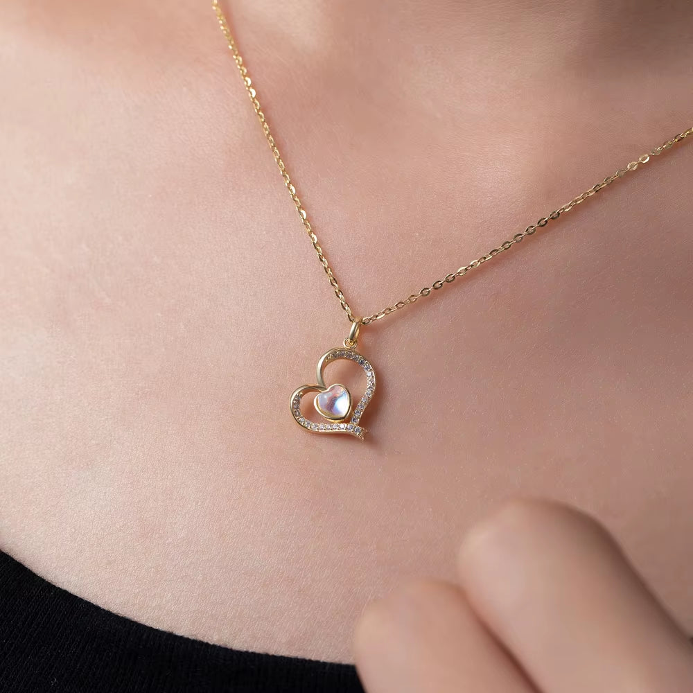 ANMIYA 925 Sterling Silver Link Chain Necklace Simple Heart Cubic Zirconia Pendant Fine Jewelry Necklace for Women Gift