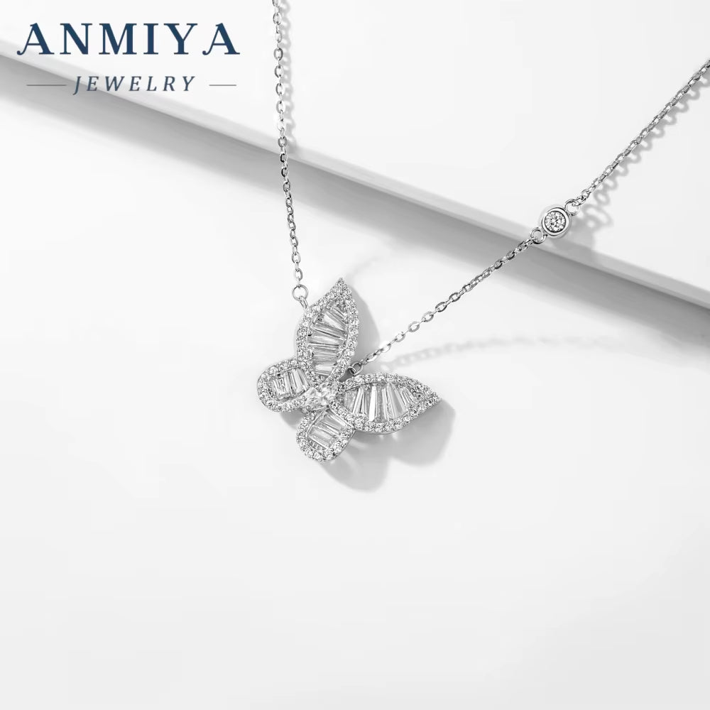 ANMIYA Women'S Fashion Silver Chain Zircon Rhodium Plating Premium Jewelry Butterfly Pendant Necklace