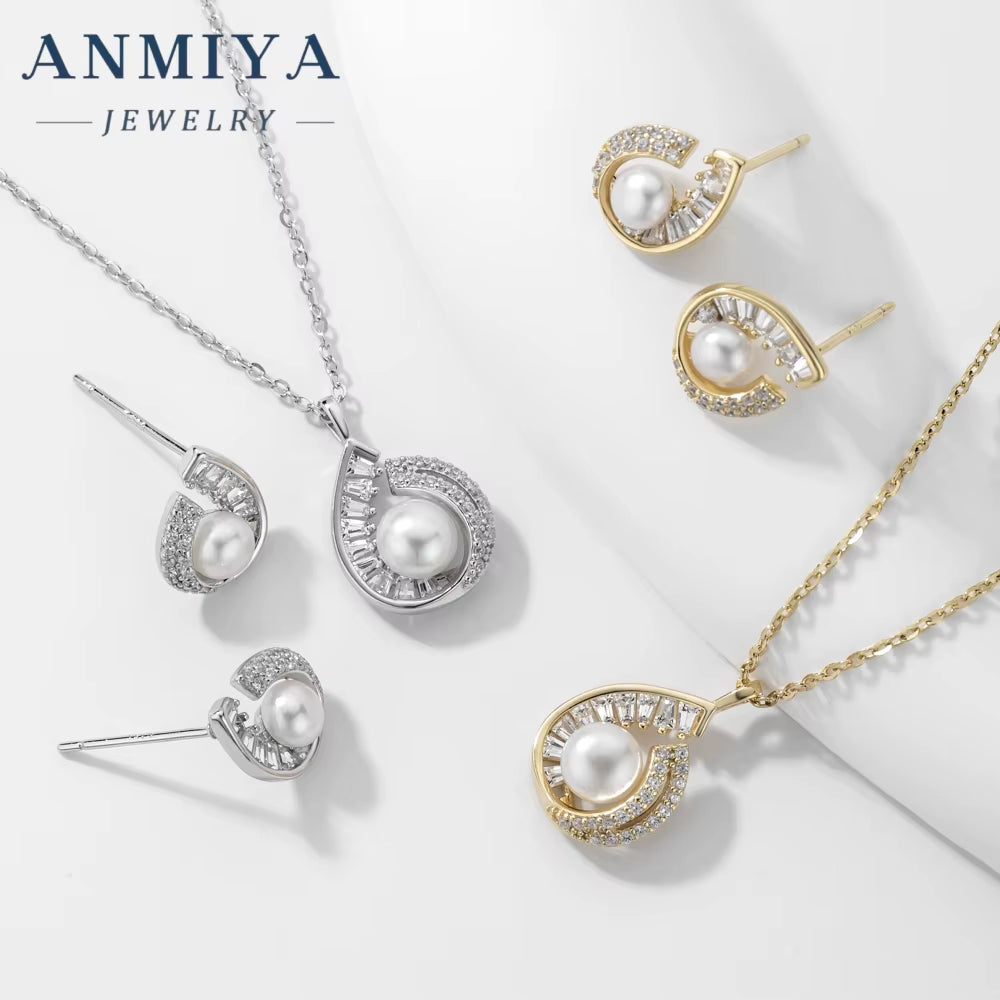 ANMIYA Water Resistant Plated Gold Jewelry Water Drop Shape Fresh Water Pearl 925 Silver Earrings Set Necklace