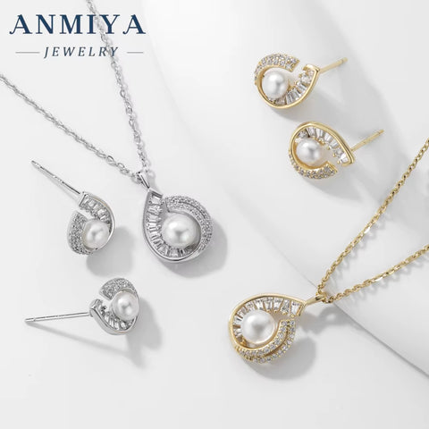 ANMIYA Water Resistant Plated Gold Jewelry Water Drop Shape Fresh Water Pearl 925 Silver Earrings Set Necklace