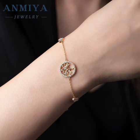 High Quality Trendy Tree of Knowledge Shape Gold 14K 18K Plating Unisex Bestfriend Jewelry Zircon Stone 925 Silver Bracelet