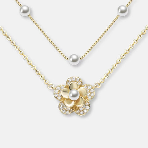 ANMIYA Fashion 18K Gold Plated 925 Sterling Silver Double Layer Flower Pearl Pendant Necklace Women