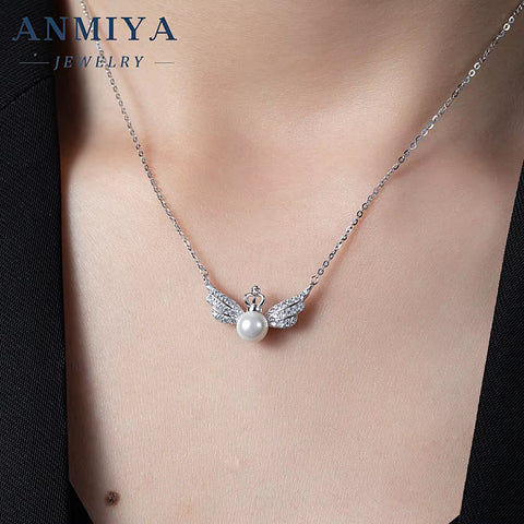 ANMIYA Crown Wing Couple Necklace Fresh Water Pearls 100% 925 Silver Fashion Chains Necklaces for Girlfriend