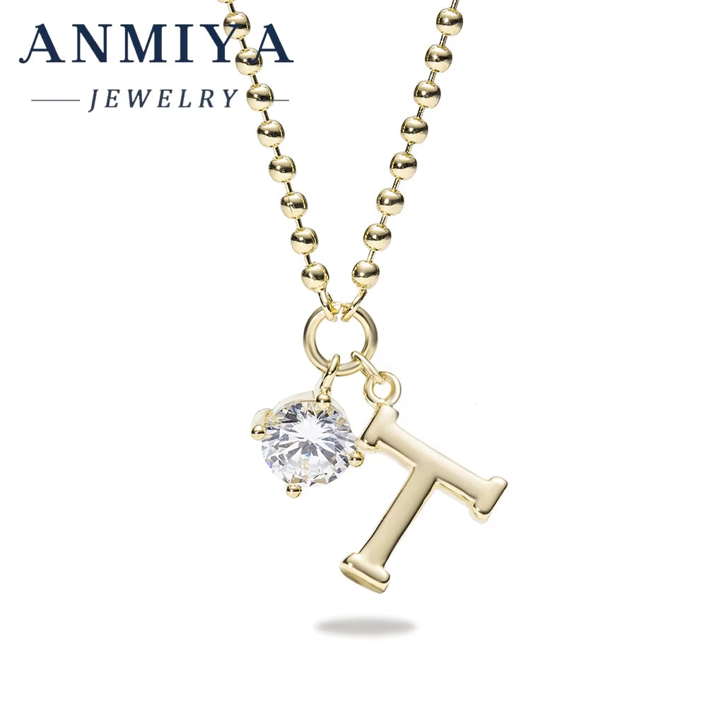 ANMIYA Wholesale 925 Sterling Silver T Letter Pendant Necklace with Zircon & Gold Plating for Women