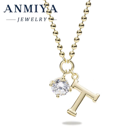 ANMIYA Wholesale 925 Sterling Silver T Letter Pendant Necklace with Zircon & Gold Plating for Women