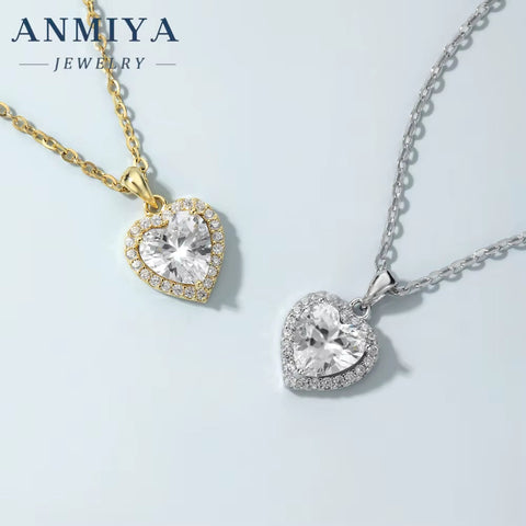 ANMIYA Simple 925 Sterling Silver Heart Zircon Pendant Jewelry European and American Women'S Love Necklace