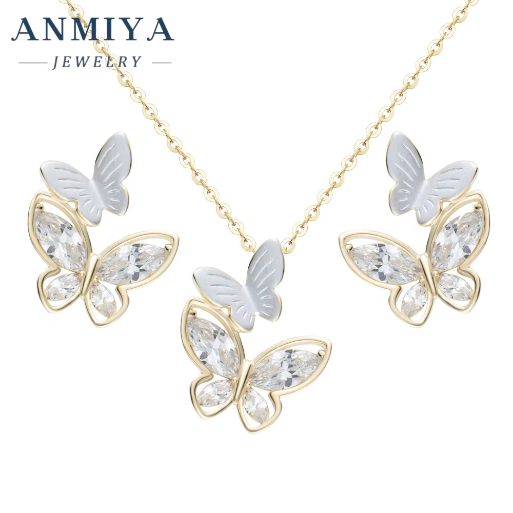 Anniversary Gift 925 Sterling Silver Fashion Jewelry Pendent Necklaces Butterfly Stud Earrings Set Jewelry for Women