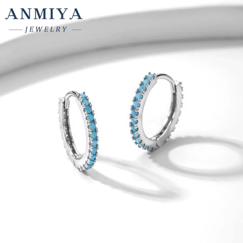 ANMIYA 925 Sterling Silver Hoop Earing 5A Zircon Blue Earrings Jewelry Earrings for Women