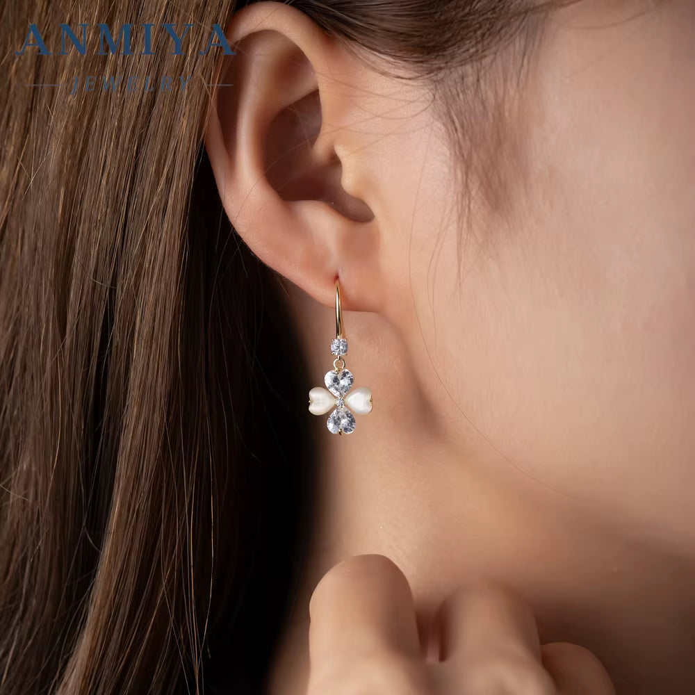 925 Sterling Silver Four Leaf Clover Zircon Fresh Water Pearls Hook Earrings Classic Vintage Fashion Earrings for Women