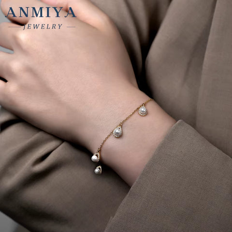 Vintage Silver Jewelry Four-Leaf Clover Bracelet with Water Drop Design & Pearl Inlay, Spring Ring Closure for Boho Style