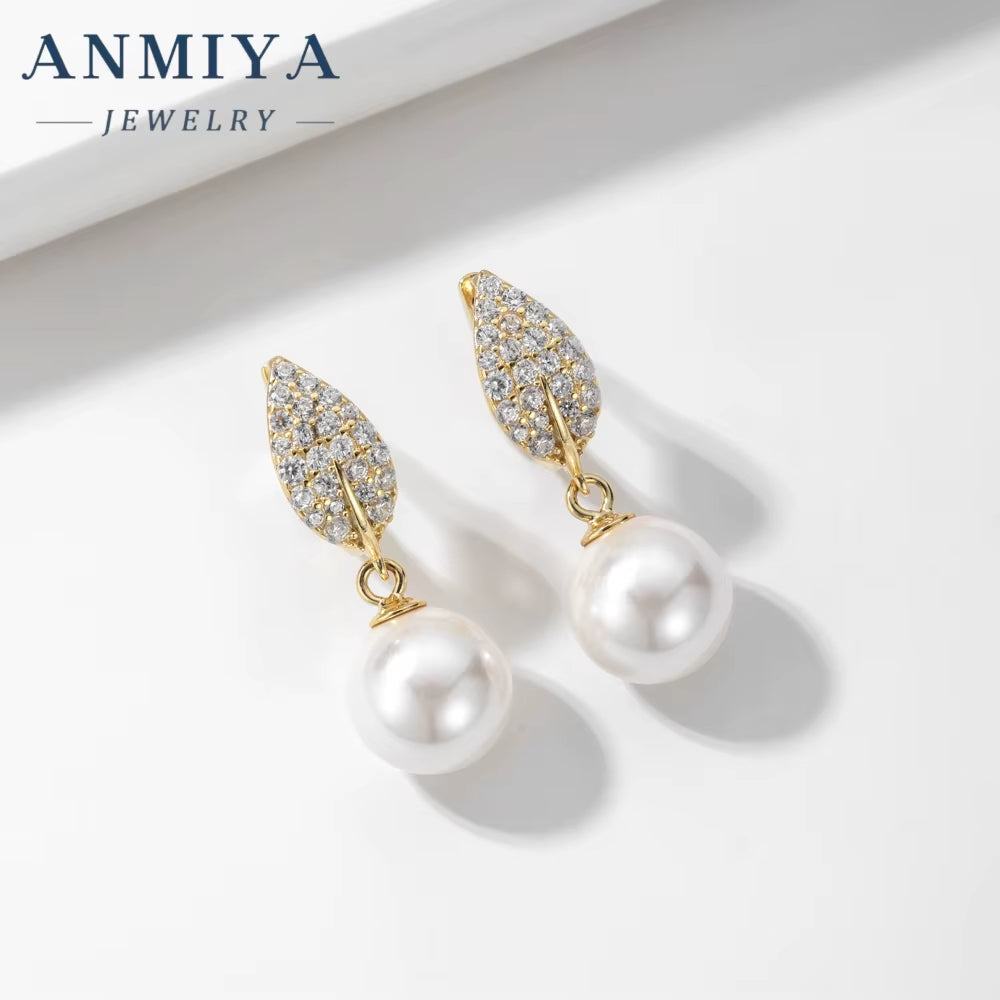 ANMIYA Dainty Gold Plated Hypoallergenic Zircon Leaf Stud Pearl Earrings Fashion Jewelry Gift 925 Silver for Women