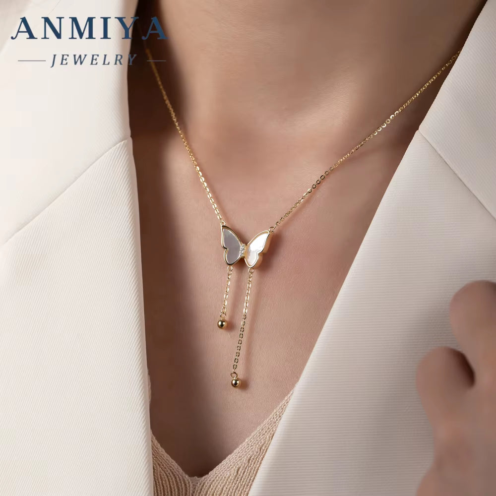 ANMIYA Fashion Jewelry Necklace Female 18K Gold Plated S925 Butterfly Long Tassels Necklace Women