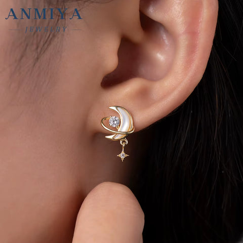 Fashion Jewelry Sets 18K Gold Plated 925 Silver Zircon Women Moon and Star Earrings Necklace Jewelry Set