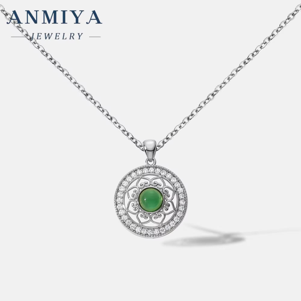 ANMIYA Hollow Flower Pattern Green Chalcedony round Shape 925 Silver 18K Gold Plated Necklace for Women