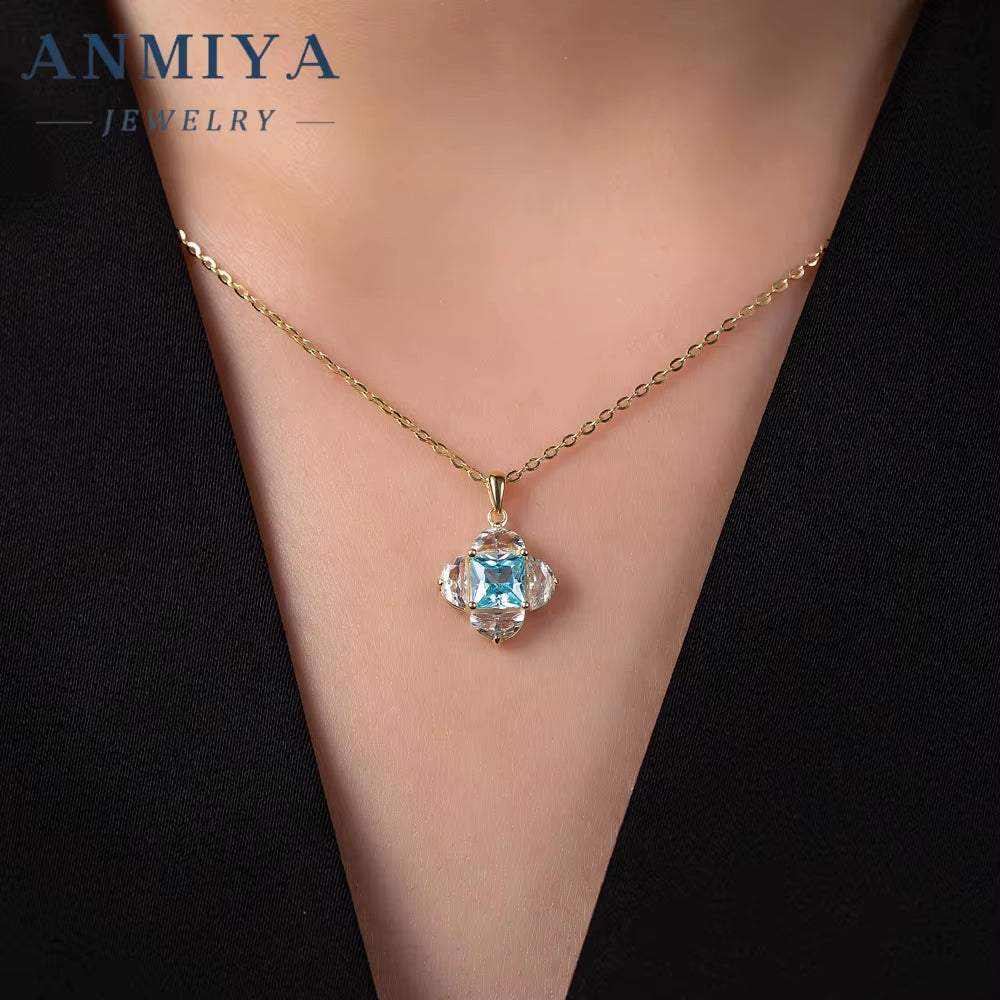 925 Sterling Silver Shiny Zircon Pendant Sky Blue Earrings and Necklace Set Fashionable Trendy Jewelry Set for Women Gift