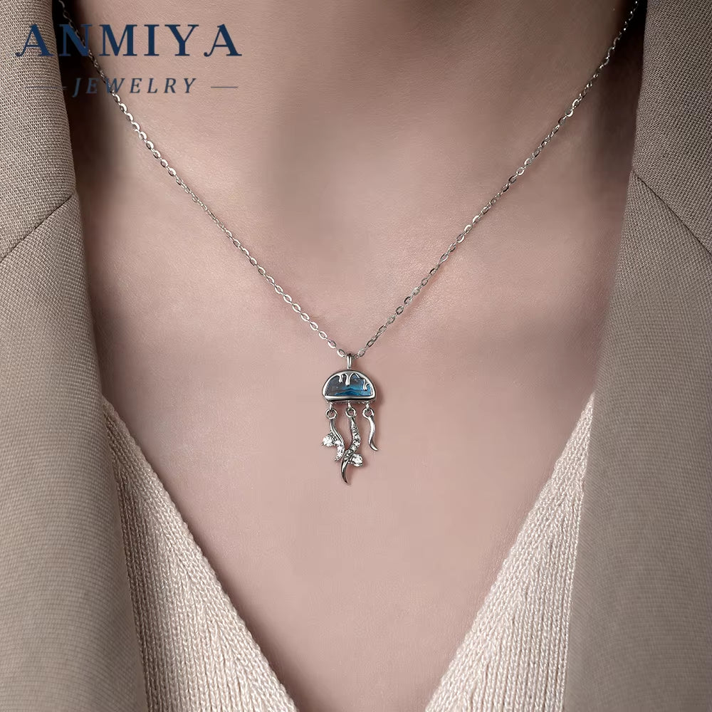 Delicate Silver Jewelry Artisan Silver 925 Set Necklace and Earring Sets Featuring Jellyfish Design for Feminine Daily Use