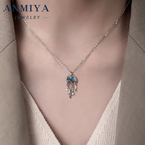 Delicate Silver Jewelry Artisan Silver 925 Set Necklace and Earring Sets Featuring Jellyfish Design for Feminine Daily Use