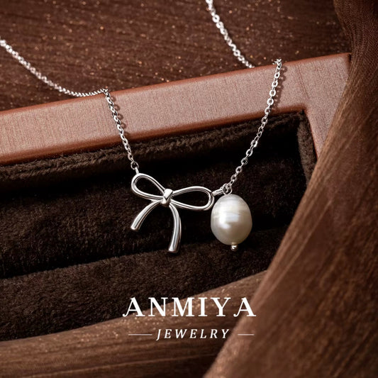 925 Sterling Silver Gold Bow Pearl Necklace for Bowknot Sweet Unique Design Fashion Elegant Style
