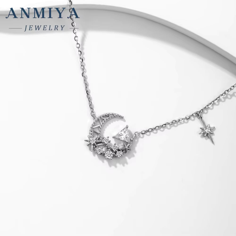 925 Sterling Silver Necklaces Women Fine Jewelry Wedding Accessories Moon Pendant Beads Necklace Wholesale