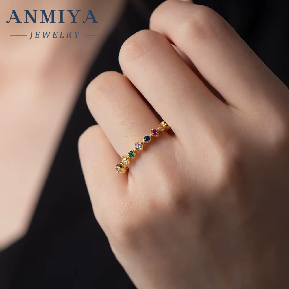 ANMIYA 925 Silver 18K Gold Plated Jewelry Micro Pave Cz Rainbow Zircon Wholesale Rings