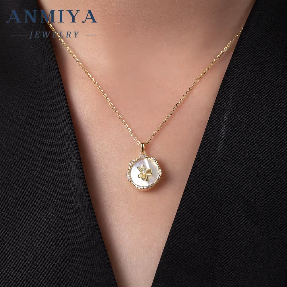 Minimalist 18K Gold Luck Four Leaf Clover round White Shell Necklace 925 Silver Necklace