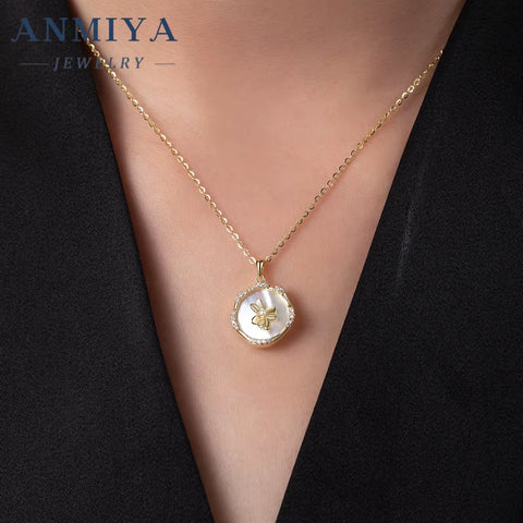 Minimalist 18K Gold Luck Four Leaf Clover round White Shell Necklace 925 Silver Necklace