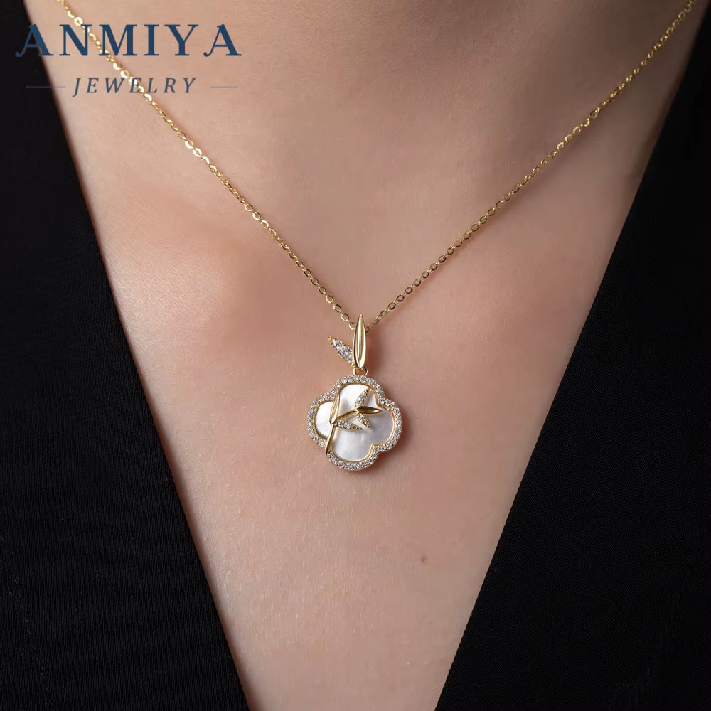 ANMIYA Custom Women'S Lucky Clover 925 Silver 18K Gold Necklace with New Chinese Bambo Pendant Zircon Stones Necklace