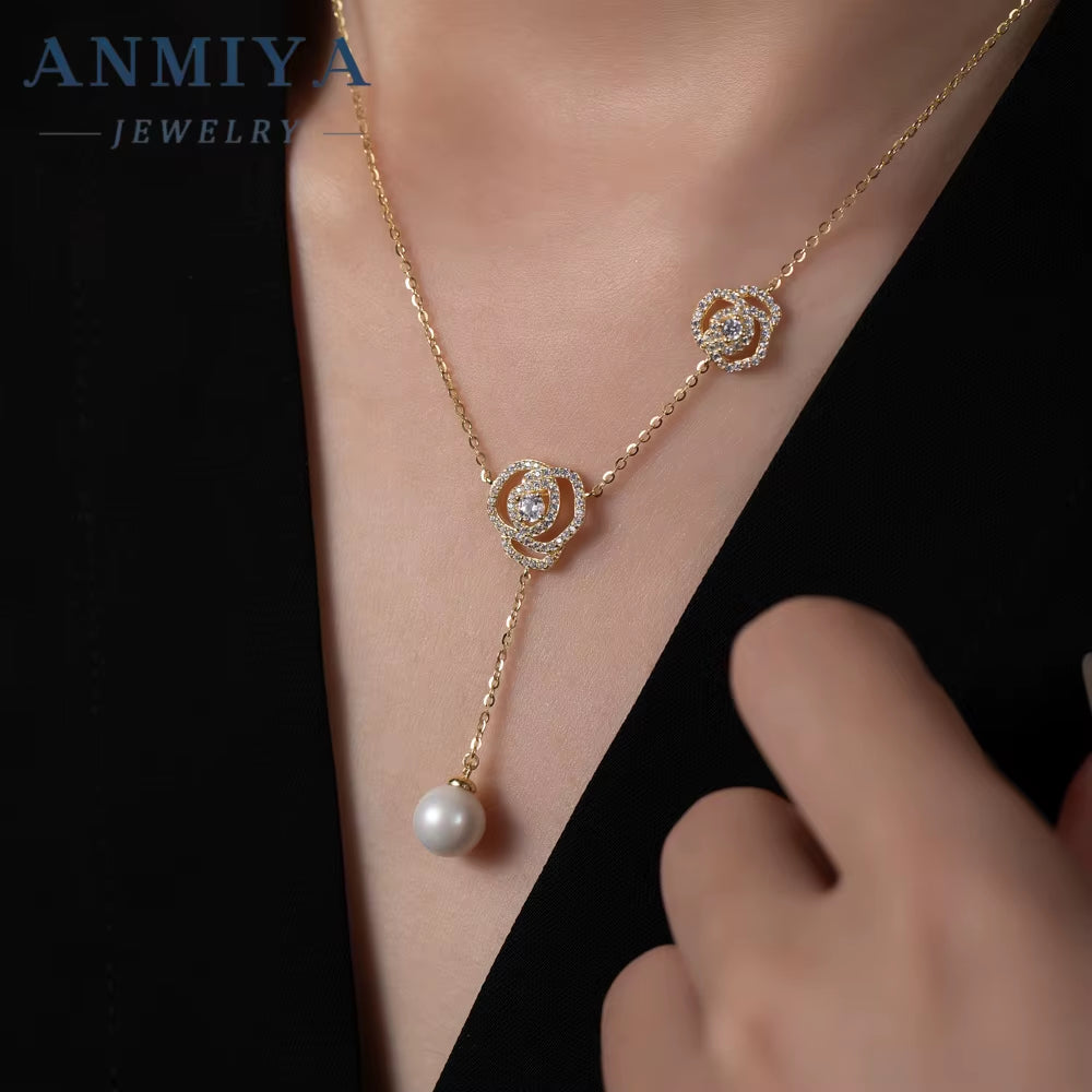 ANMIYA Minimalist New Design 18K Gold Plated Necklace Rose Flower Pendant Charm Pearl 925 Silver Necklace for Women