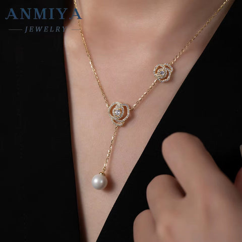 ANMIYA Minimalist New Design 18K Gold Plated Necklace Rose Flower Pendant Charm Pearl 925 Silver Necklace for Women