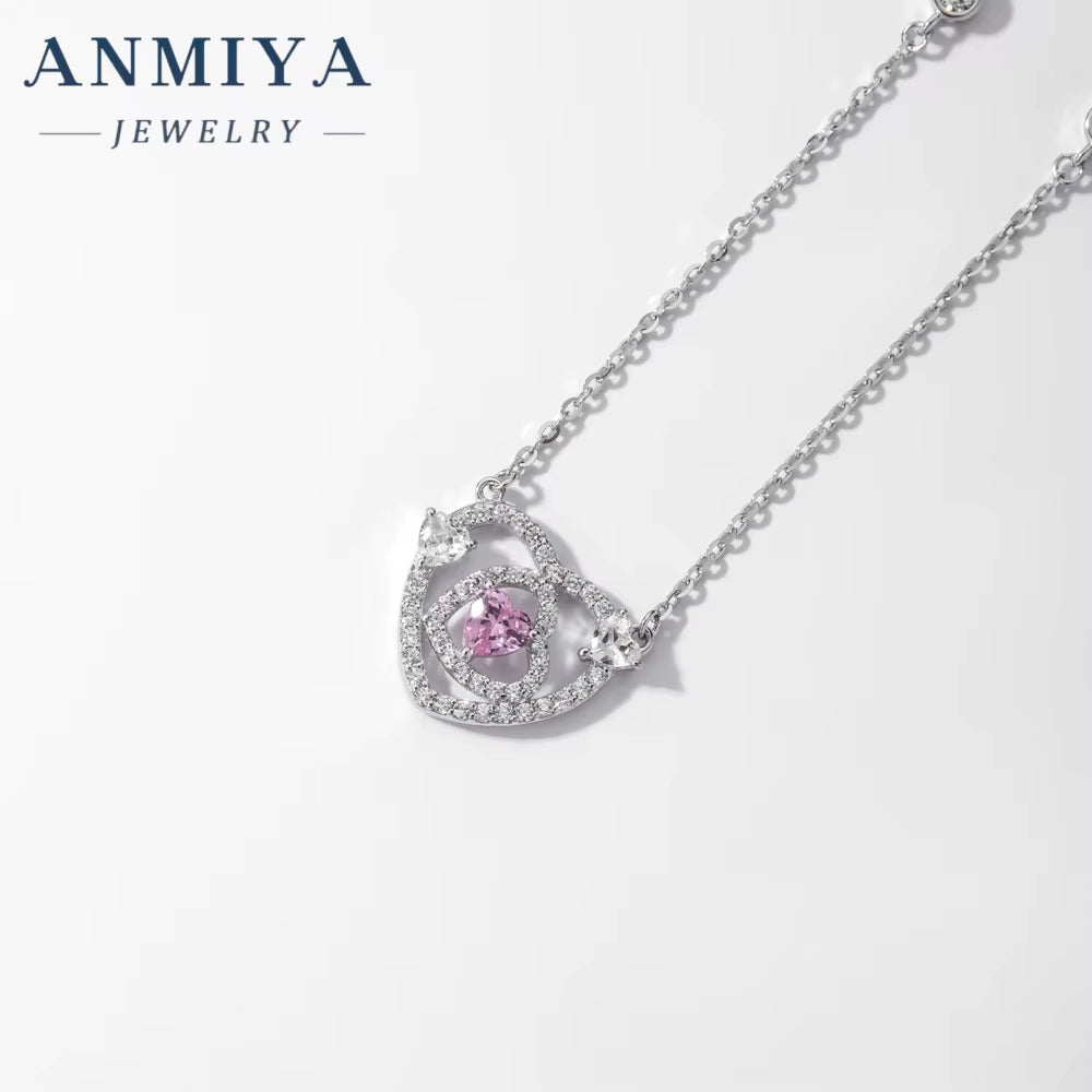 Popular Sterling Silver 925 Fashion Love Heart Jewelry Heart Cut Hollow Pink Stone Zircon Pendant Necklace for Women