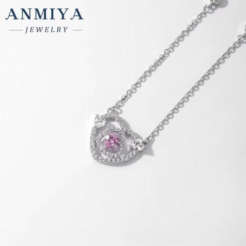 Popular Sterling Silver 925 Fashion Love Heart Jewelry Heart Cut Hollow Pink Stone Zircon Pendant Necklace for Women