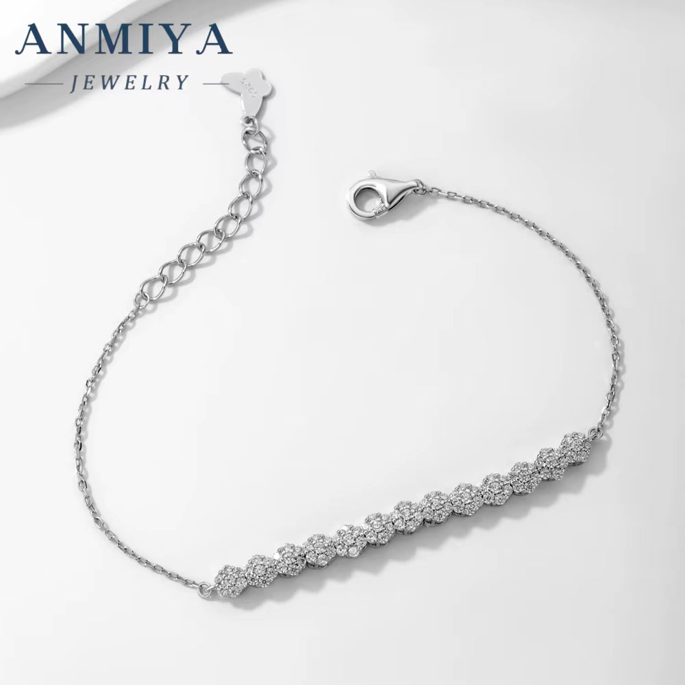 ANMIYA Trendy Sterling 925 Silver Tennis Bracelet High Quality Adjustable CZ Diamond and Flower Hand Chain for Gift