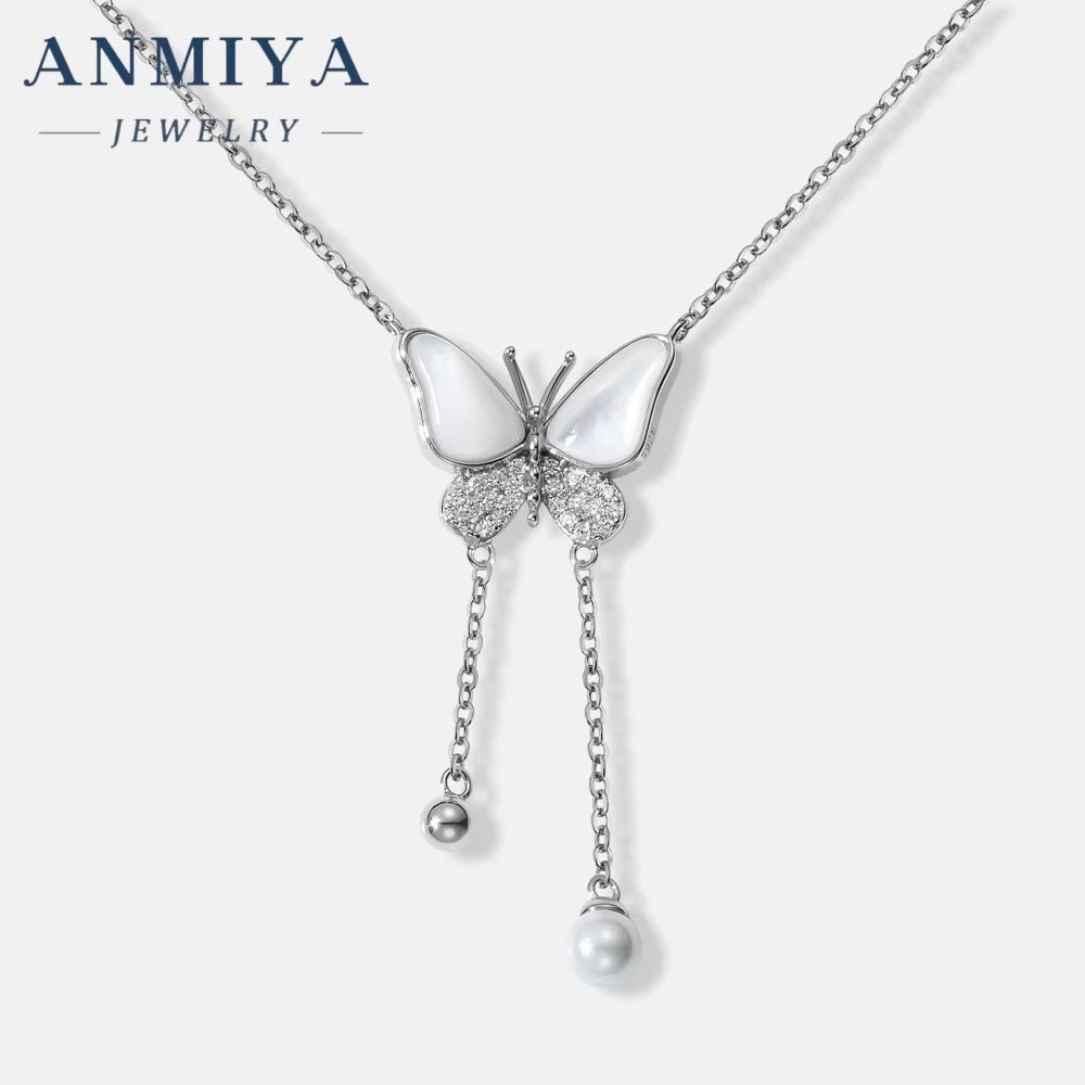 ANMIYA 925 Silver Gold Plated Fringe Link Chain Necklace Butterfly Zircon White Shell Pendant Fashionable Party Occasions Women