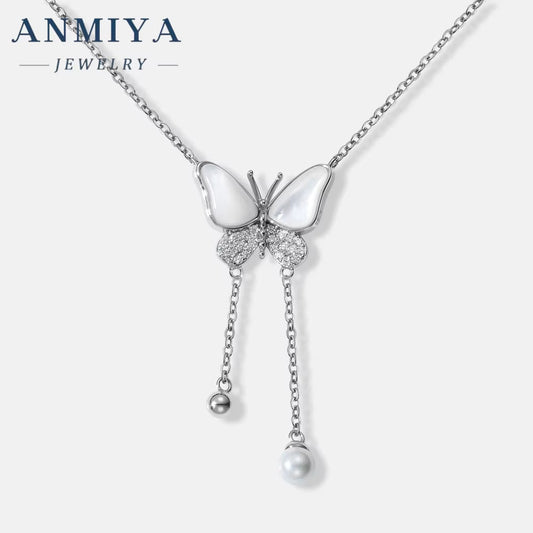 ANMIYA 925 Silver Gold Plated Fringe Link Chain Necklace Butterfly Zircon White Shell Pendant Fashionable Party Occasions Women