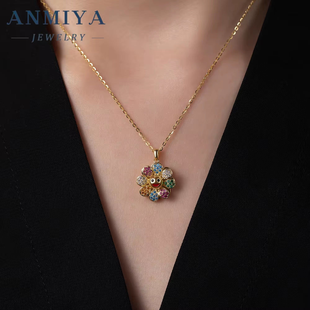 Takashi Murakami Diamond-Encrusted Sun Flower Pendant 925 Silver Necklace Trendy Men'S Hip Hop Glitter Pink Rotatable Collars