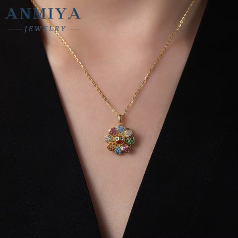 Takashi Murakami Diamond-Encrusted Sun Flower Pendant 925 Silver Necklace Trendy Men'S Hip Hop Glitter Pink Rotatable Collars