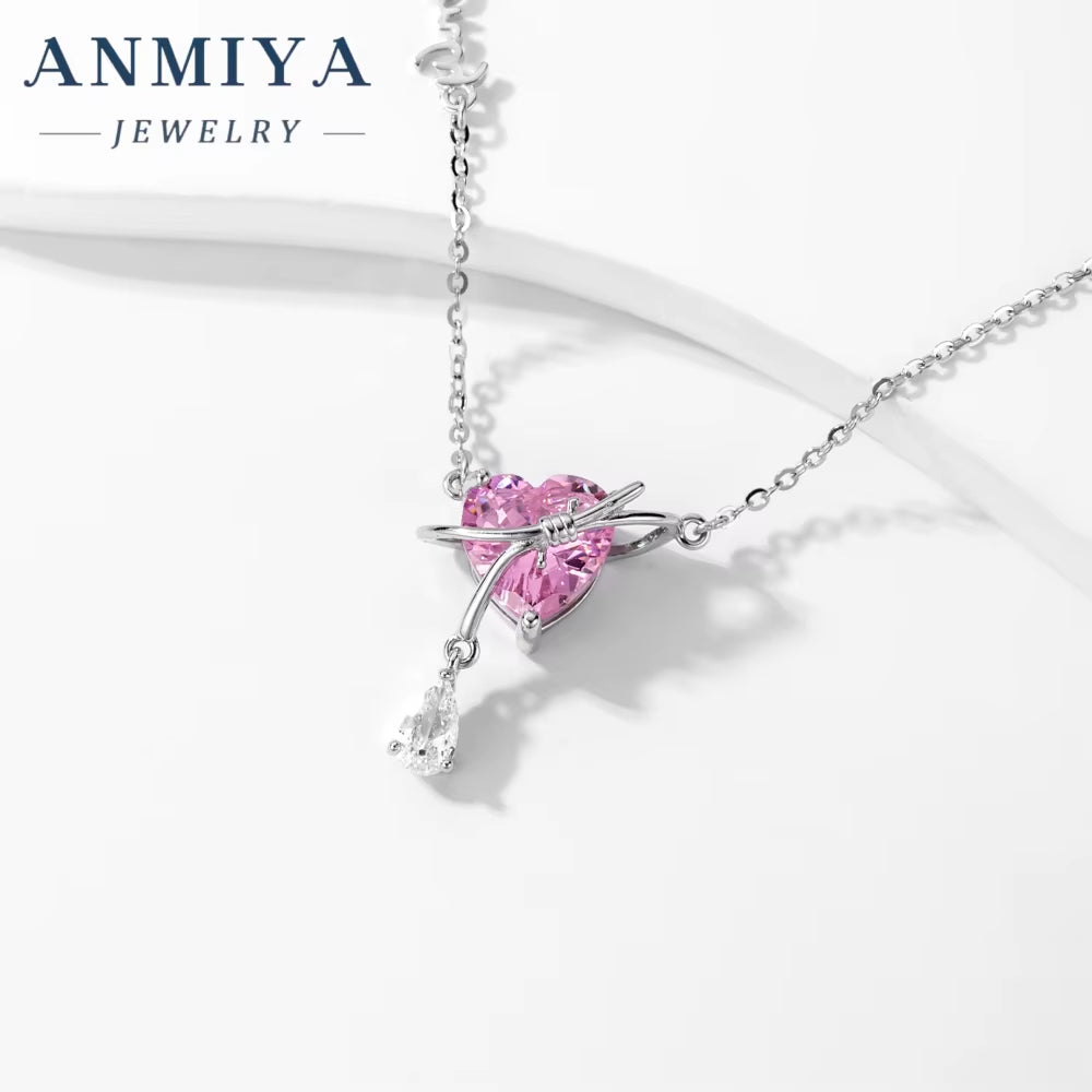 ANMIYA Fashion Jewelry Pink Heart Zircon Charm 925 Sterling Silver Necklace for Girlfriend Girl