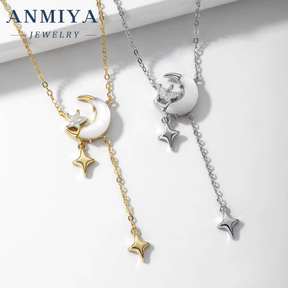 925 Unisex Fine Fashion Jewelry New Design Long Tassels Pendant Necklace with Star Moon Shape Featuring Zircon Stones