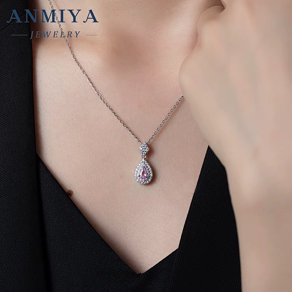 2024 Fine Women Jewelry Accessories Ice Crushed Pink Cubic Zirconia 925 Silver Pear Cut Pendant Necklace Jewellery