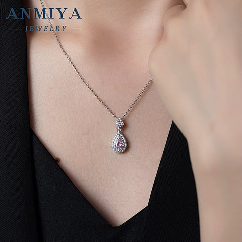 2024 Fine Women Jewelry Accessories Ice Crushed Pink Cubic Zirconia 925 Silver Pear Cut Pendant Necklace Jewellery