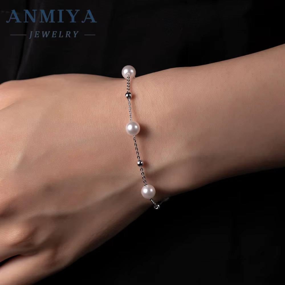 ANMIYA Wholesale Classic Fresh Water Pearls 925 Silver Link Chain Bracelets Hand Chain for Women Ladies Bestfriend Jewelry