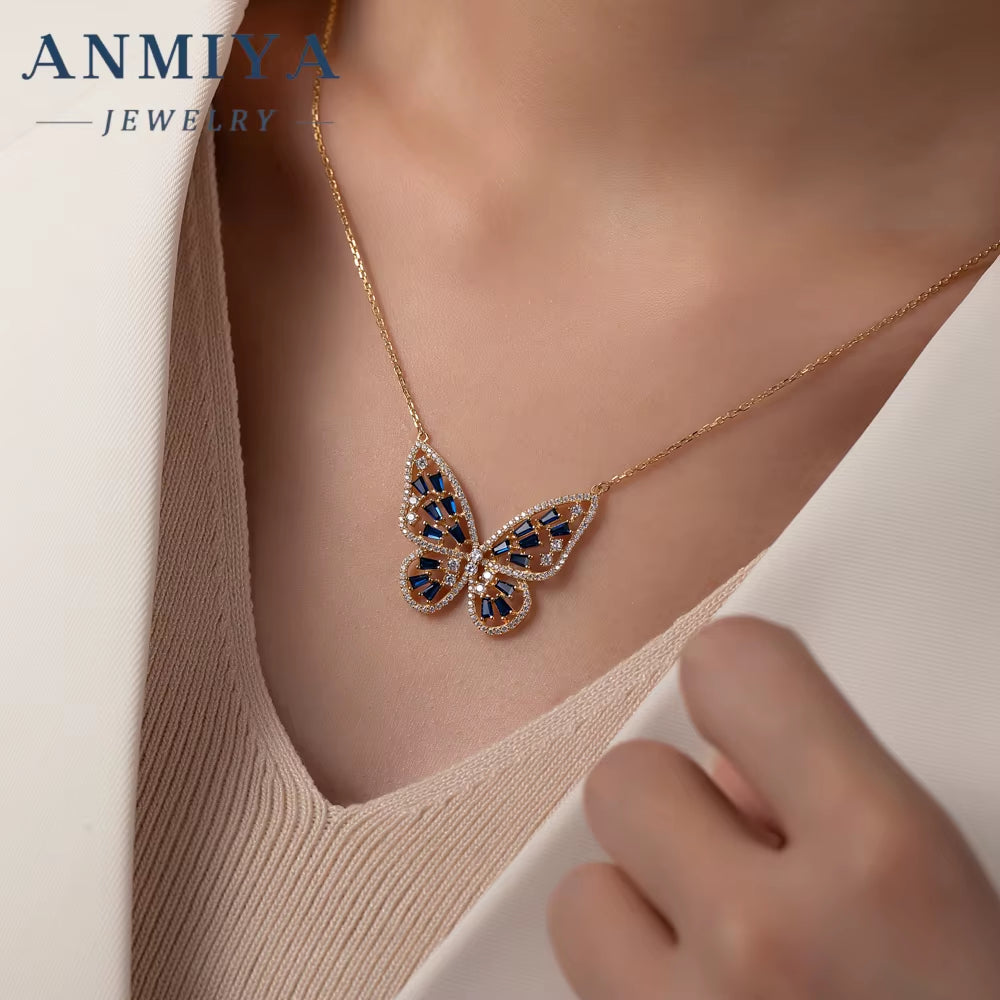 ANMIYA 2025 Hot Sales Light Luxury 925 Silver Cubic Zircon Necklace Colorful Big Butterfly High Quality Necklace for Women