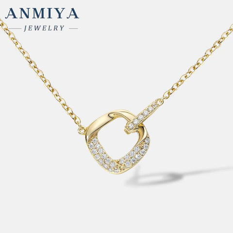 ANMIYA Geometric Square Hollow Zircon Stone 925 Silver Shine Sterling Silver 18K Gold Fashion Jewelry Girls Necklaces