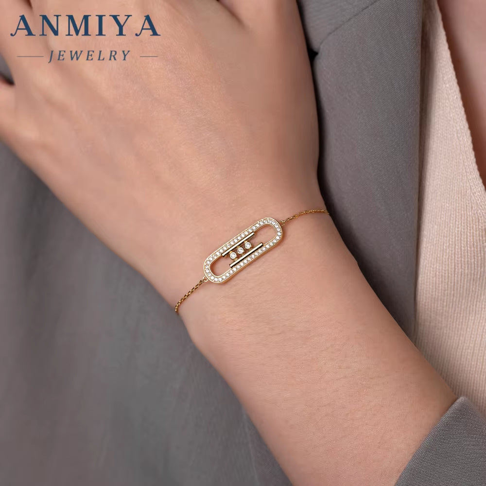 ANMIYA 925 Sterling Silver Bracelet Elegant Sliding Oval Design Sparkling Zircon Stones Perfect Necklace for Women